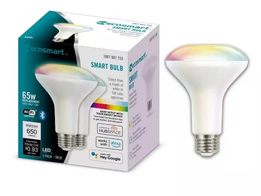 FBA, ECOSmart Alexa Smart Bulb BR30 65W Replacement Dimmable LED Light RGB Bulb. 2-Pack Color Changing