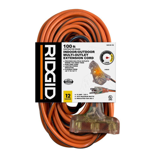 NOB RIDGID 100 Ft. 12/3 Heavy Duty Indoor/Outdoor Extension Cord with Tritap Lighted End, Orange/Grey