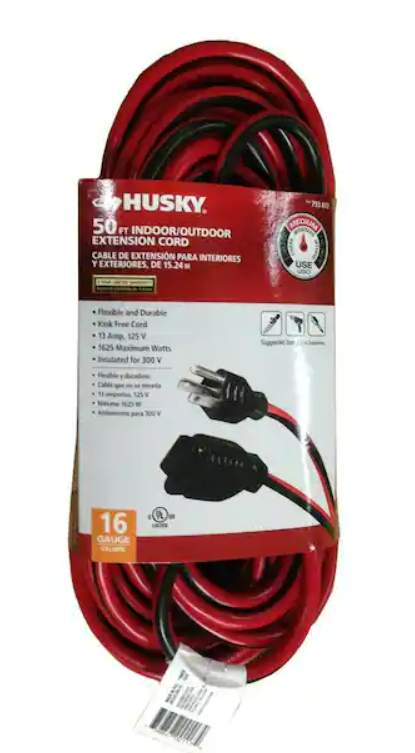 Husky 50 Ft. 16/3 Medium-Duty Indoor/Outdoor Extension Cord, Red and Black, RED/BLACK