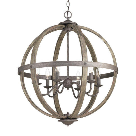 Home Decorators Collection Keowee 24-1/4 in. 6-Light Artisan Iron Farmhouse Orb Chandelier with Coastal Antique White Wood Accents