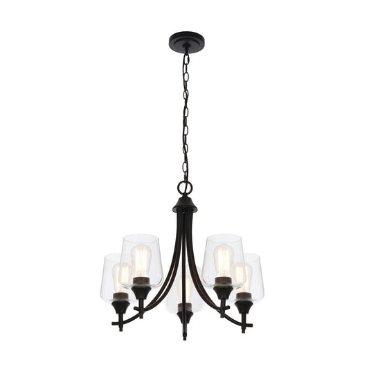 Hampton Bay Pavlen 5-Light 23 in. Rustic Bronze Hanging Candlestick Chandelier with Clear Glass Shades for Dining Room