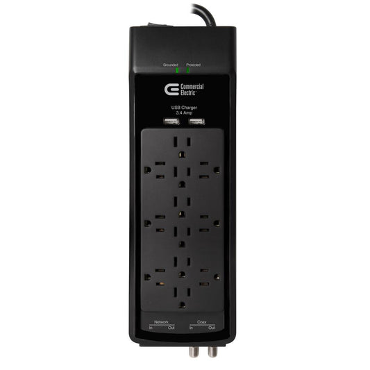 Commercial Electric 6 Ft. 12-Outlet Surge Protector with Coax and USB RJ45, Black