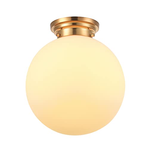 Portland 11.8 in. 1-Light Matte Brass Semi-Flush Mount Ceiling Light with Opal Glass Shade
