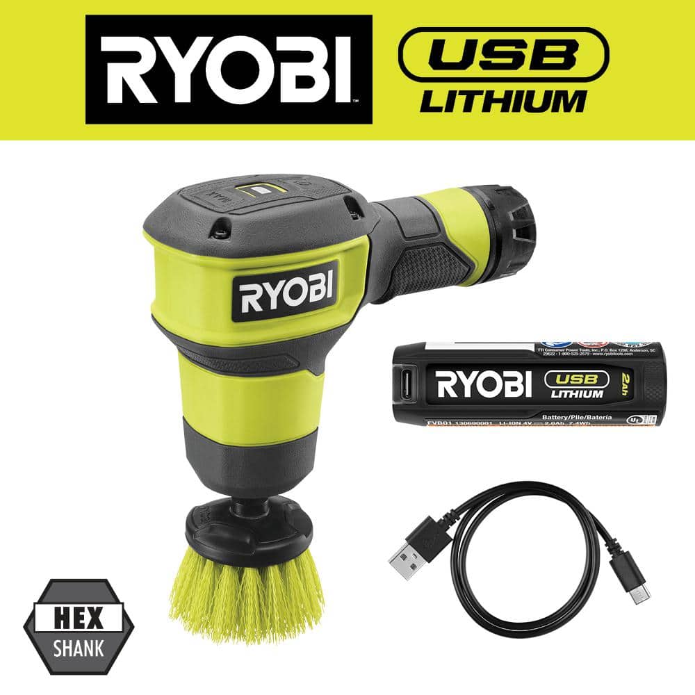 RYOBI USB Lithium Compact Scrubber Kit with 2.0 Ah Battery, USB Charging Cord, and 2 in. Medium Bristle Brush, NOB