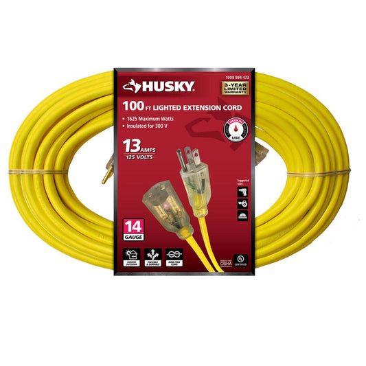 Husky 100 Ft. 14/3 Medium Duty Indoor/Outdoor Extension Cord with Lighted End, Yellow