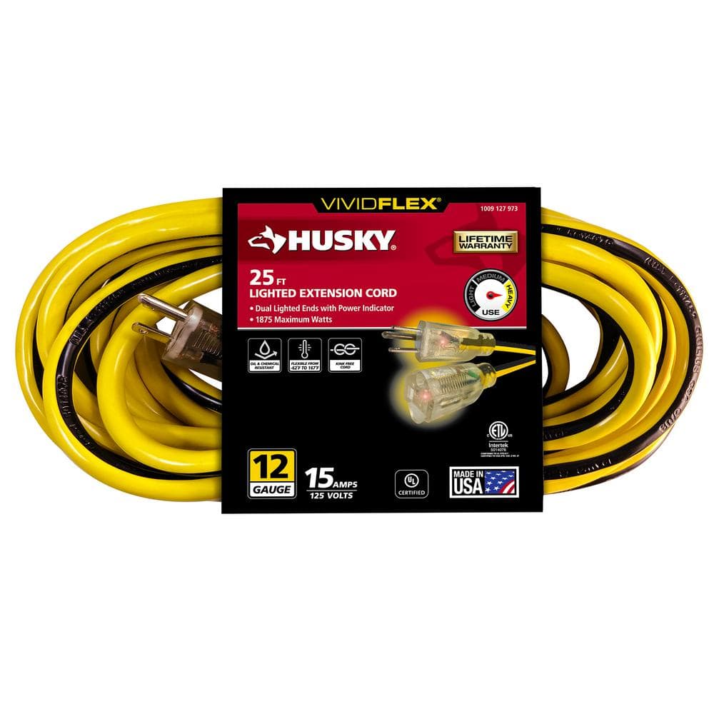 NOB, Husky VividFlex 25 Ft. 12/3 Heavy Duty Indoor/Outdoor Extension Cord with Lighted End, Yellow